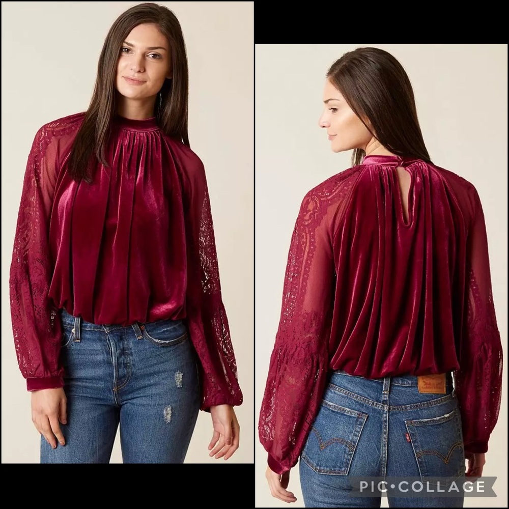 Free Peoplee Rasberry Velvet Crochet Eyelash Lace Mesh Balloon Sleeve Blouse